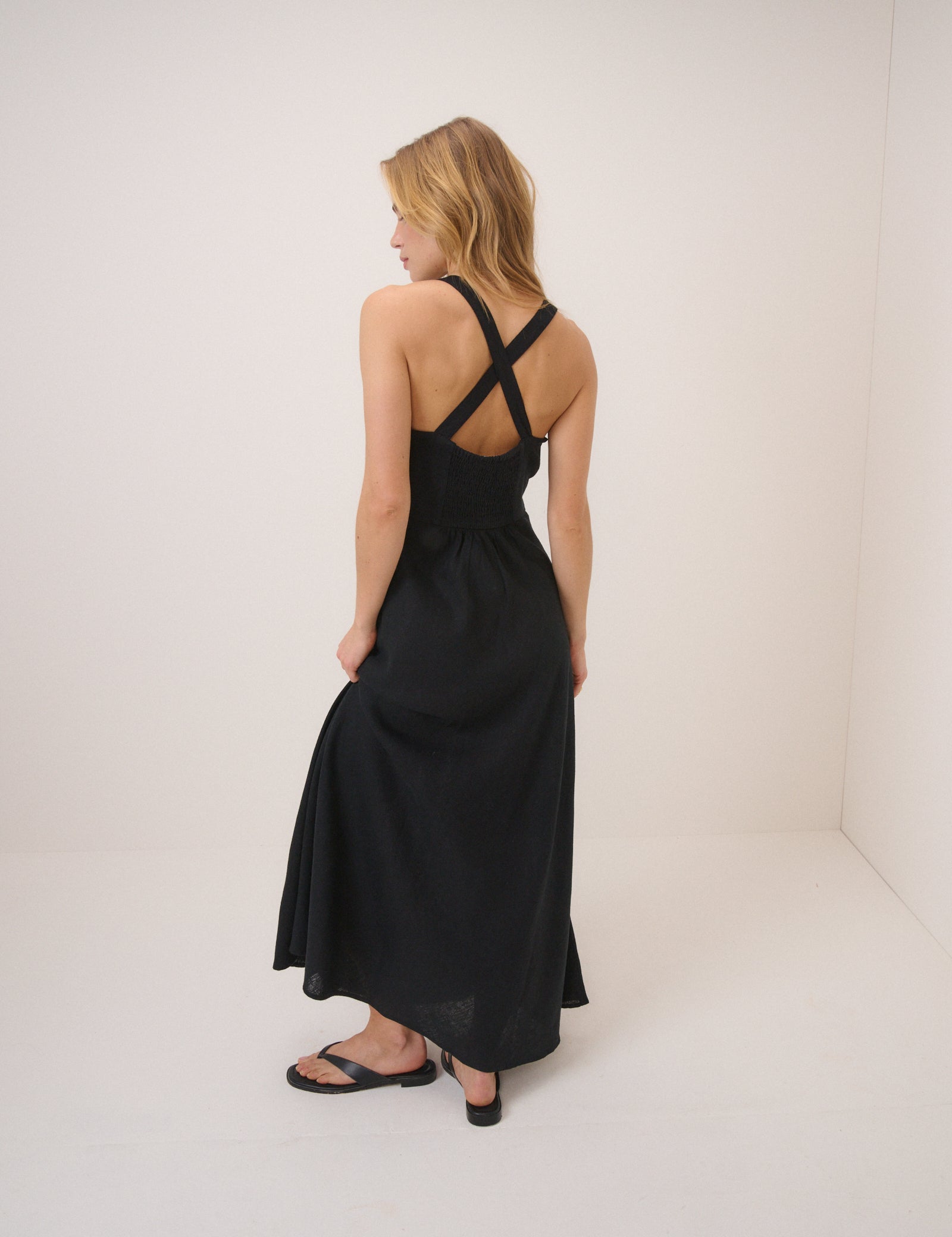 Black Linen-Blend Dana Midi Dress Black Linen-Blend Dana Midi Dress