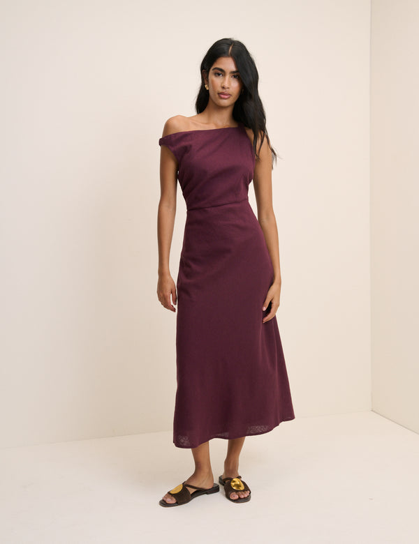 Plum Linen-Blend Kalani Midi Dress