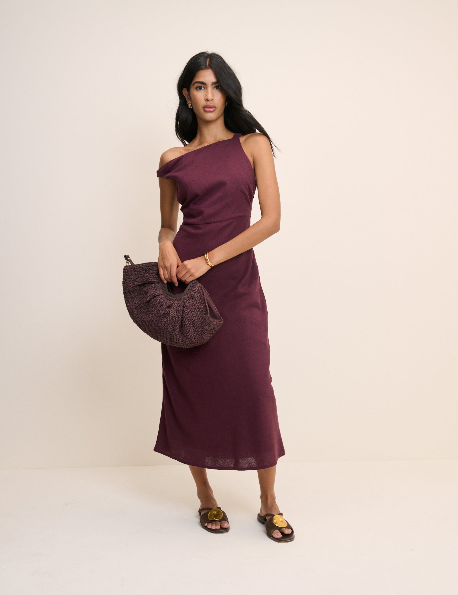 linen one shoulder midi dress Linen-Blend One-Shoulder Column Dress