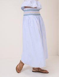 Blue Striped Shirred Waist Midi Skirt