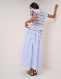 Blue Striped Shirred Waist Midi Skirt