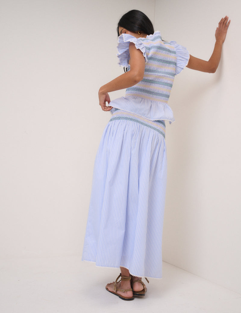 Blue Striped Shirred Waist Midi Skirt