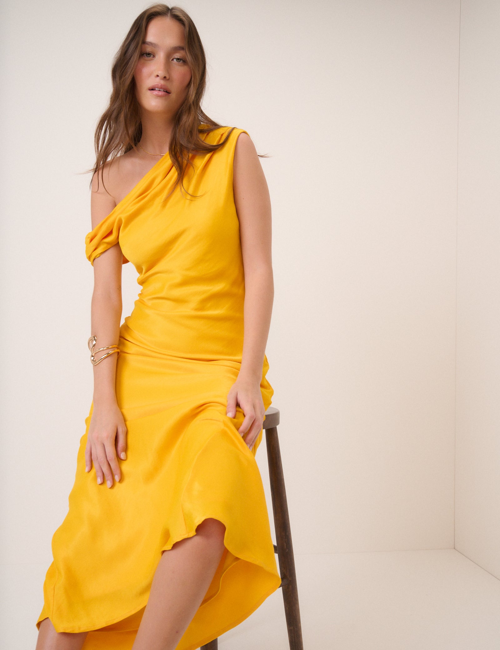 Yellow One Shoulder Minka Midi Dress