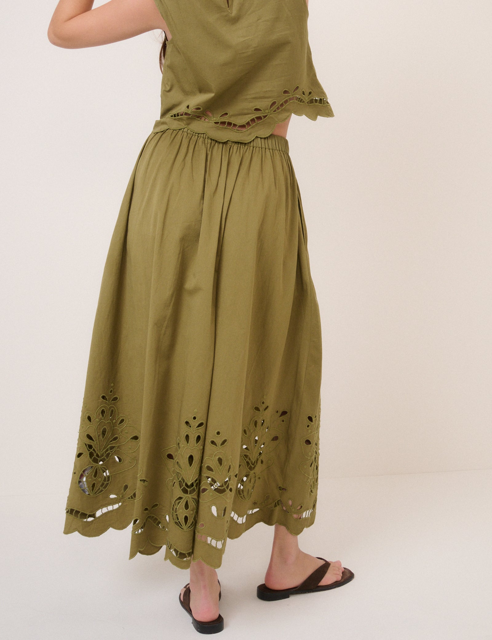 Green Broderie Anglaise Midi Skirt