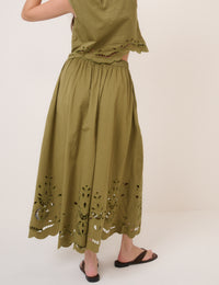 Green Broderie Anglaise Midi Skirt