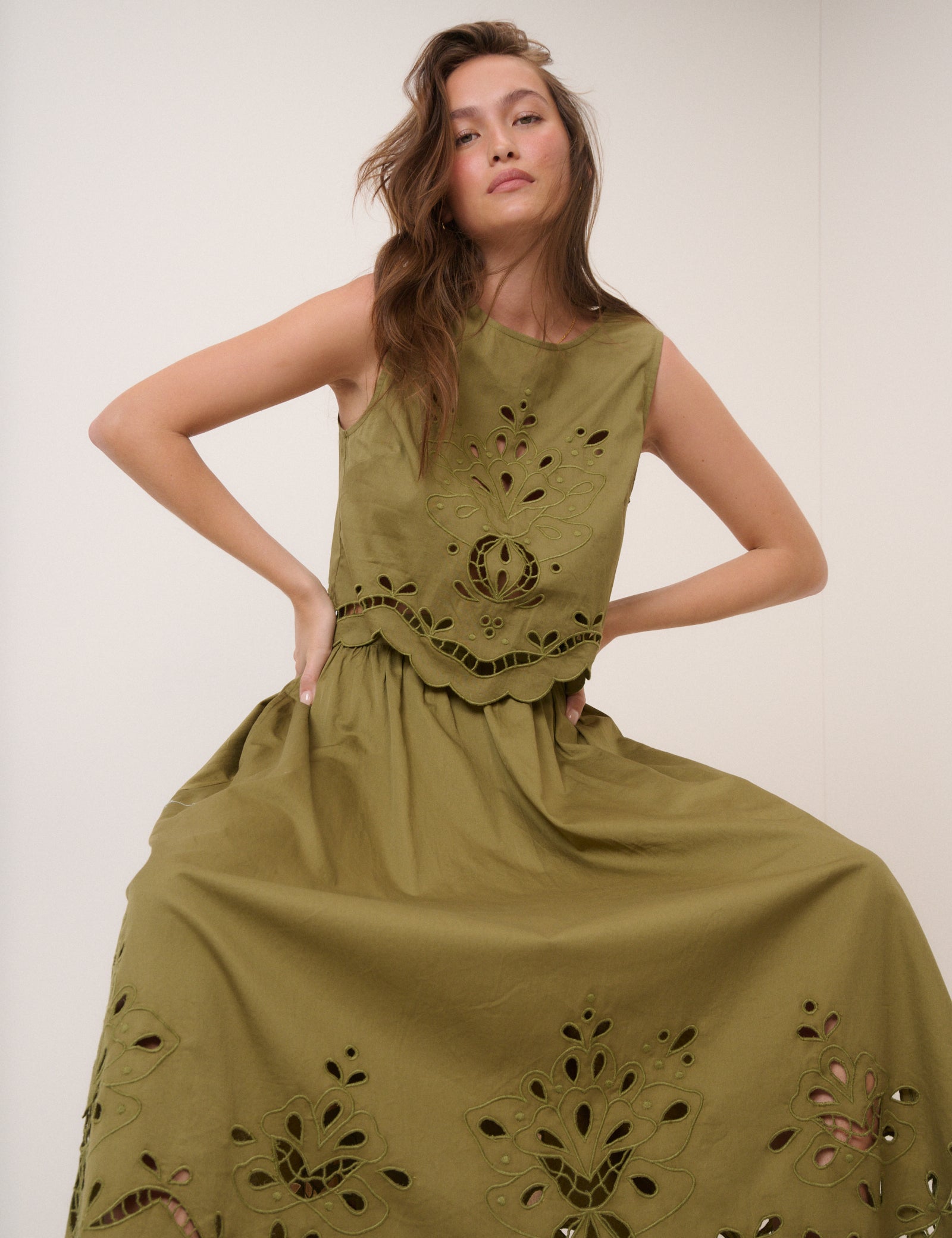 Green Broderie Anglaise Midi Skirt