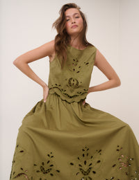 Green Broderie Anglaise Midi Skirt