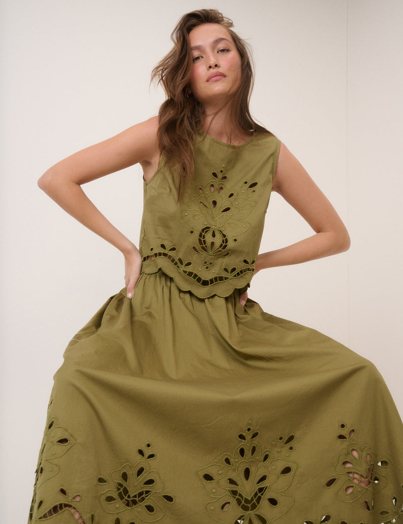 Green Broderie Anglaise Midi Skirt