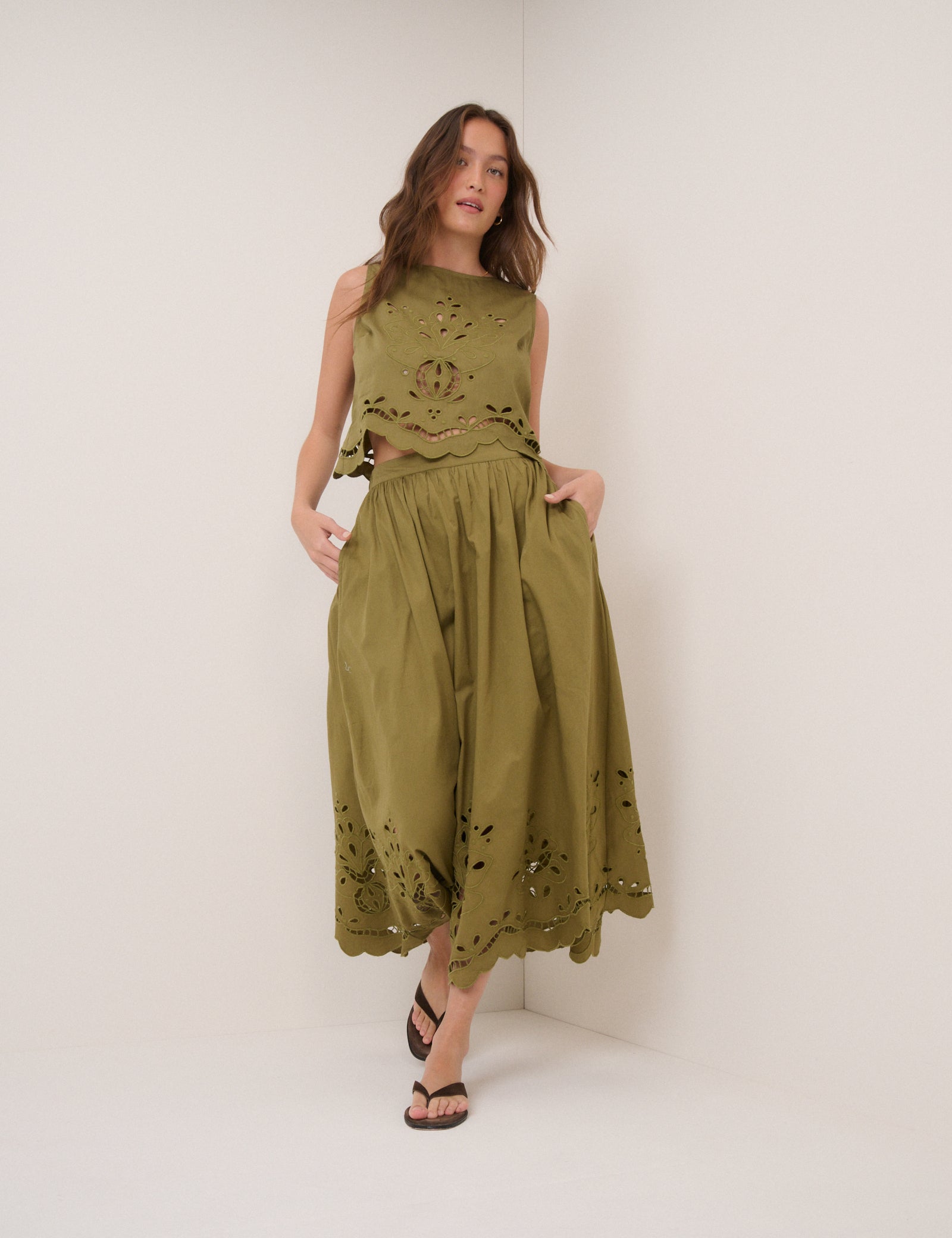broderie anglaise dress green Green Broderie Anglaise Midi Skirt