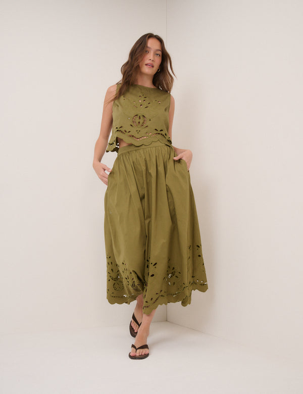 Green Broderie Anglaise Midi Skirt