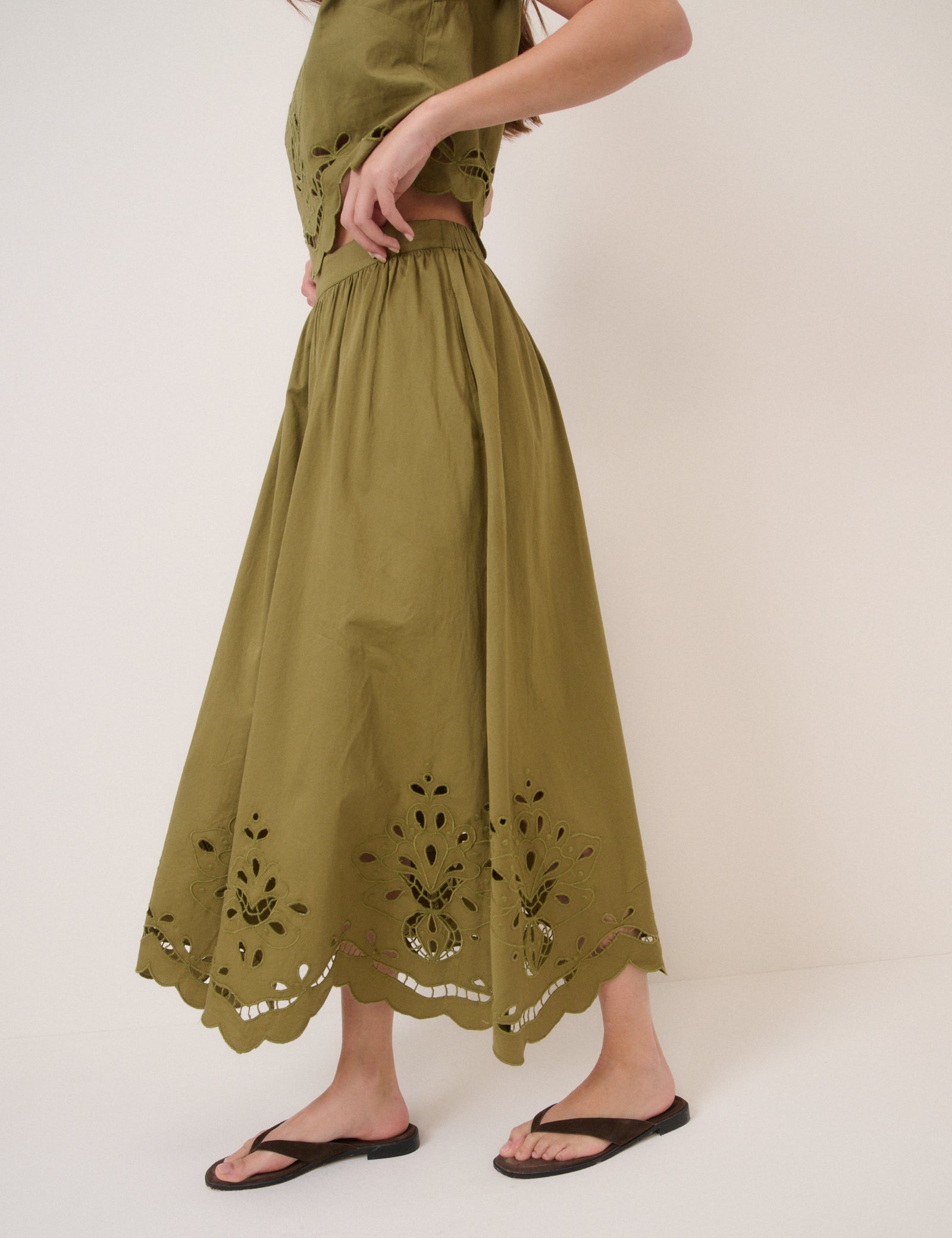 Green Broderie Anglaise Midi Skirt