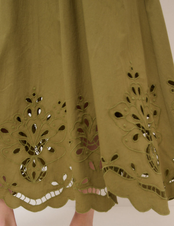 Green Broderie Anglaise Midi Skirt