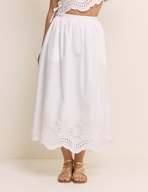 White Cutwork Scallop Hem Sintra Midi Skirt