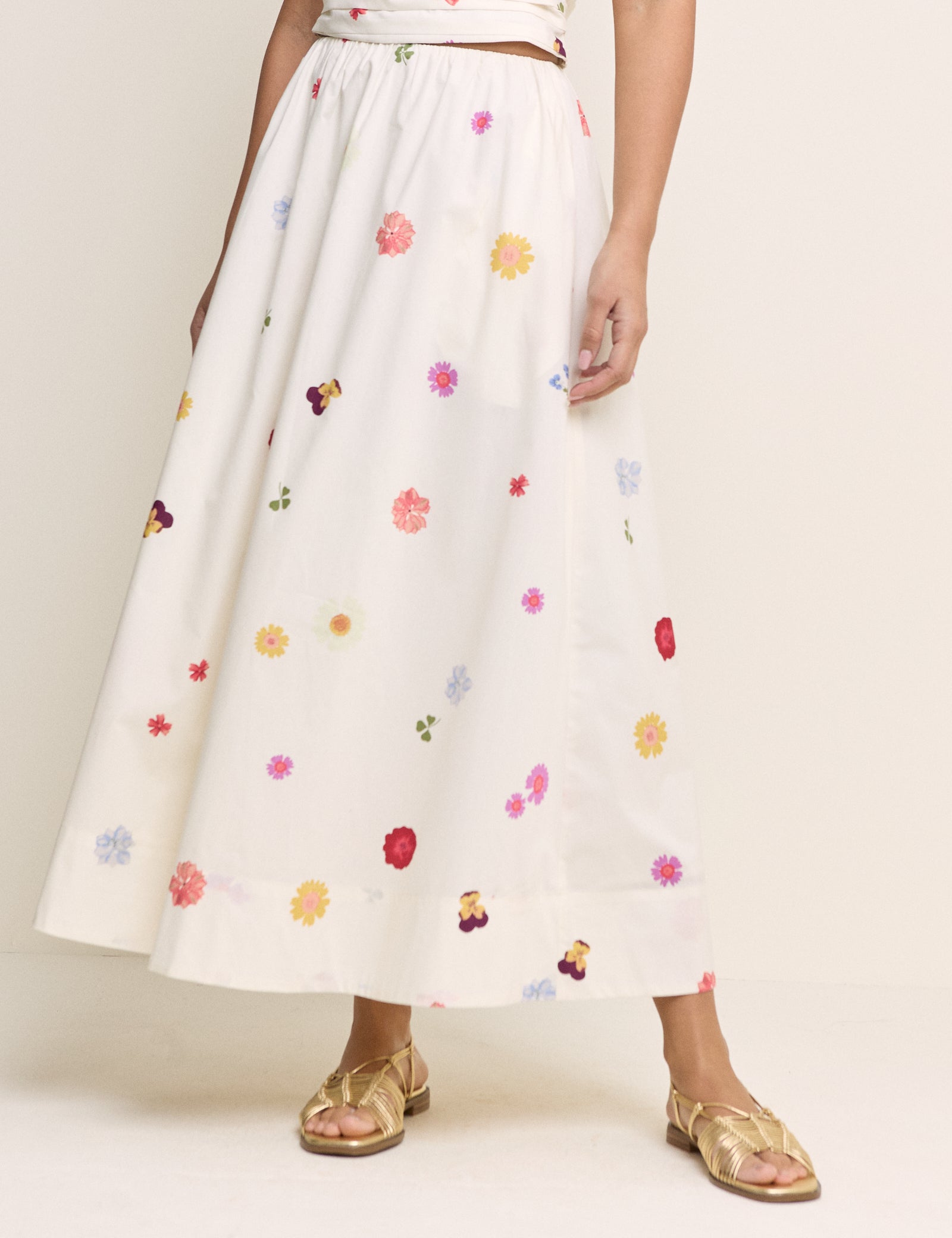 White Floral Poplin Midi Skirt