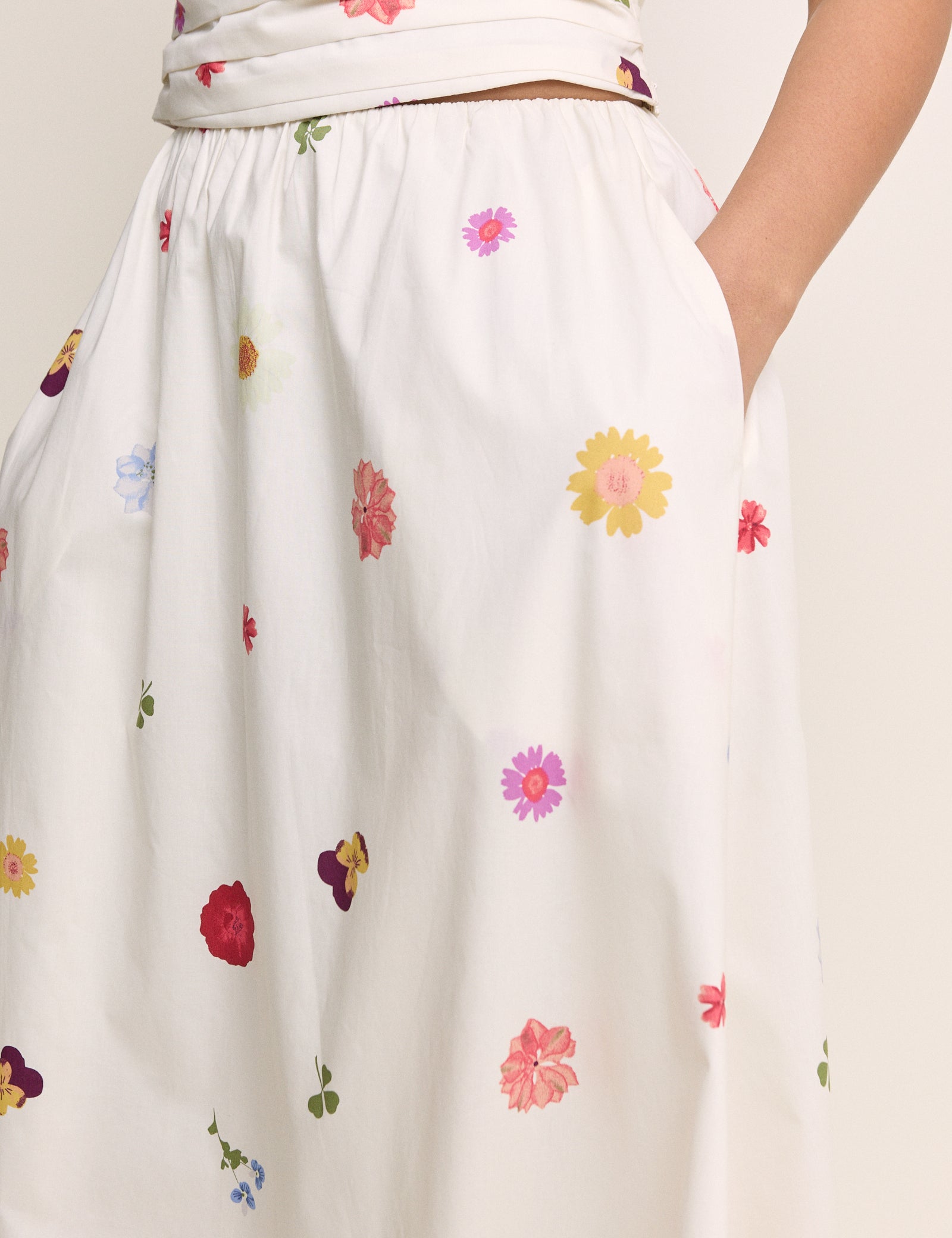 White Floral Poplin Midi Skirt