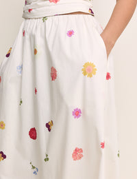 White Floral Poplin Midi Skirt