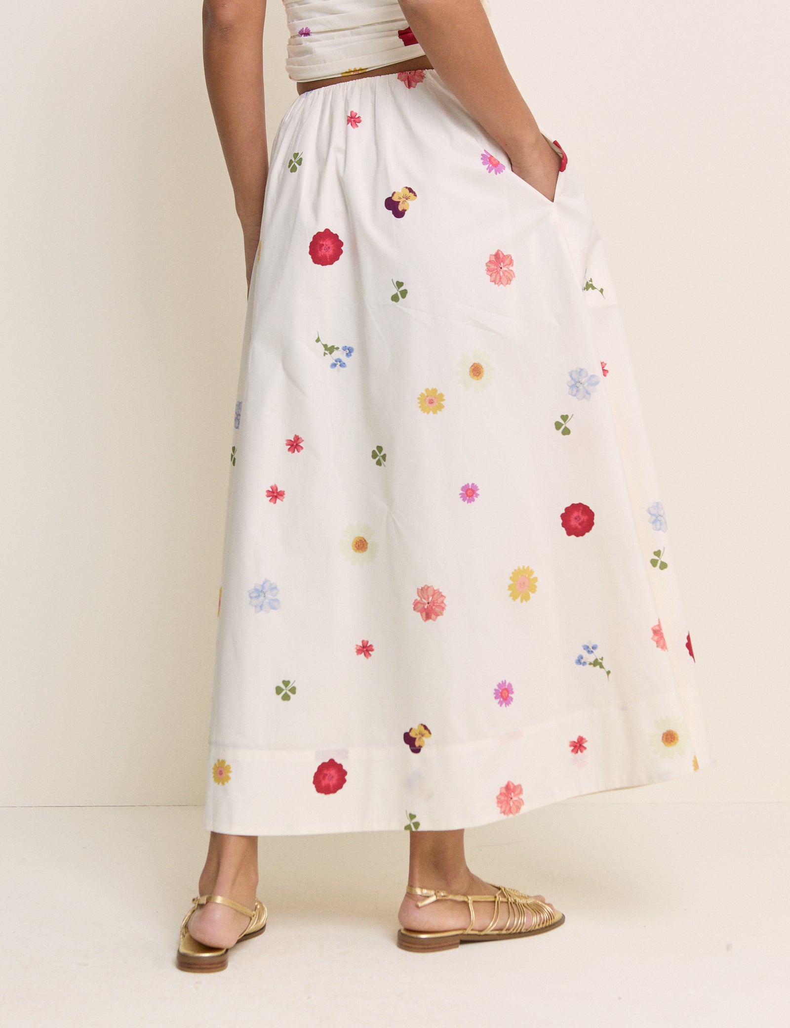 White Floral Poplin Midi Skirt