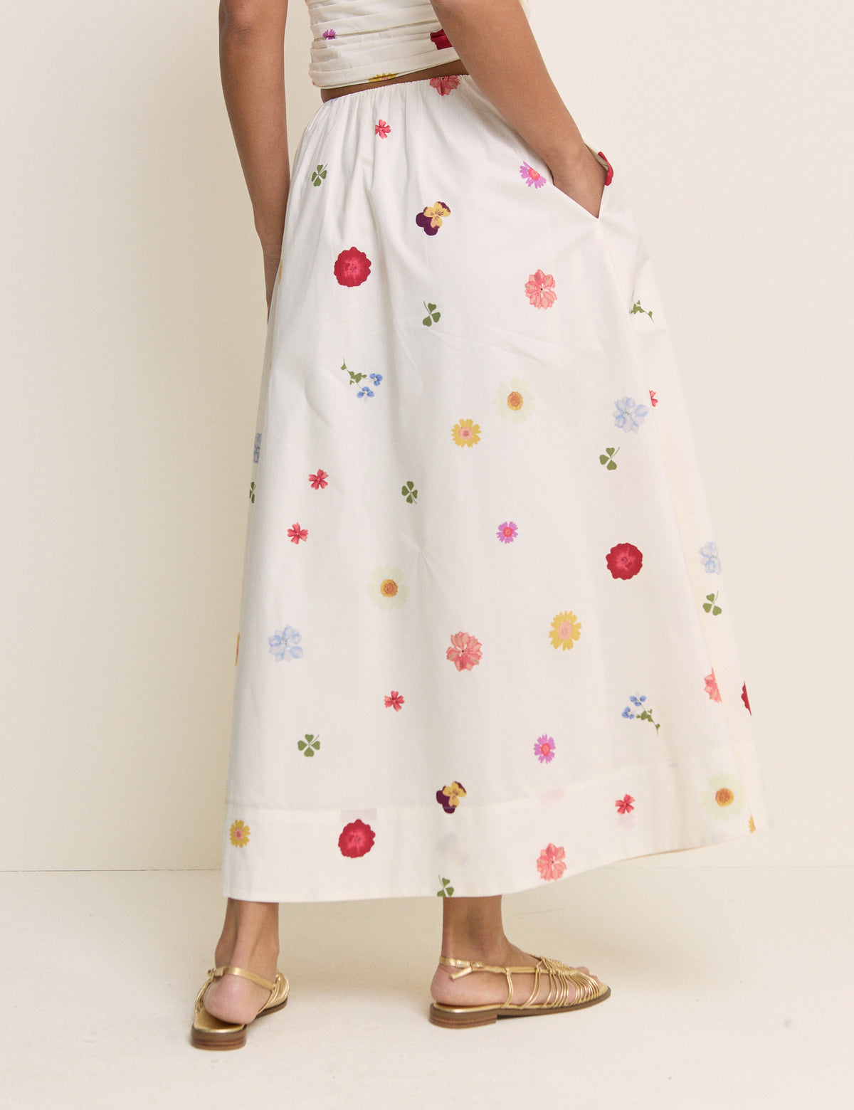 White Floral Poplin Midi Skirt
