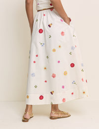 White Floral Poplin Midi Skirt