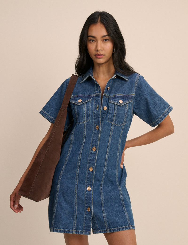 Mid Blue Denim Shirt Mini Dress