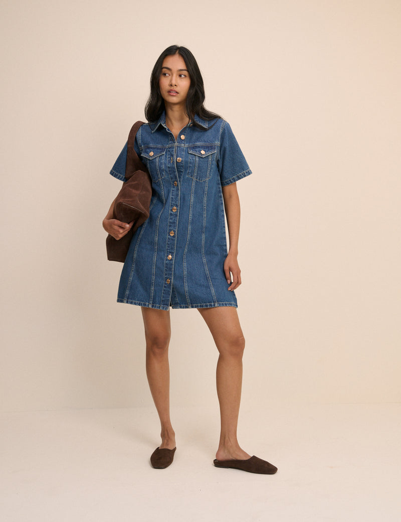 Mid Blue Denim Shirt Mini Dress