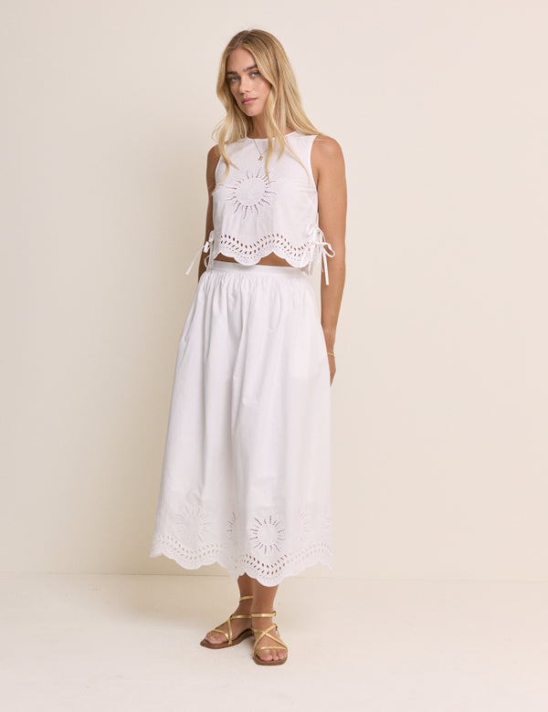 White Cutwork Top & Skirt Set