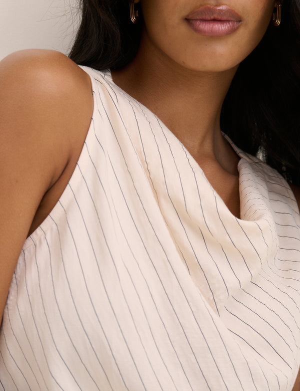 Cream Pinstripe Draped Sleeveless Top