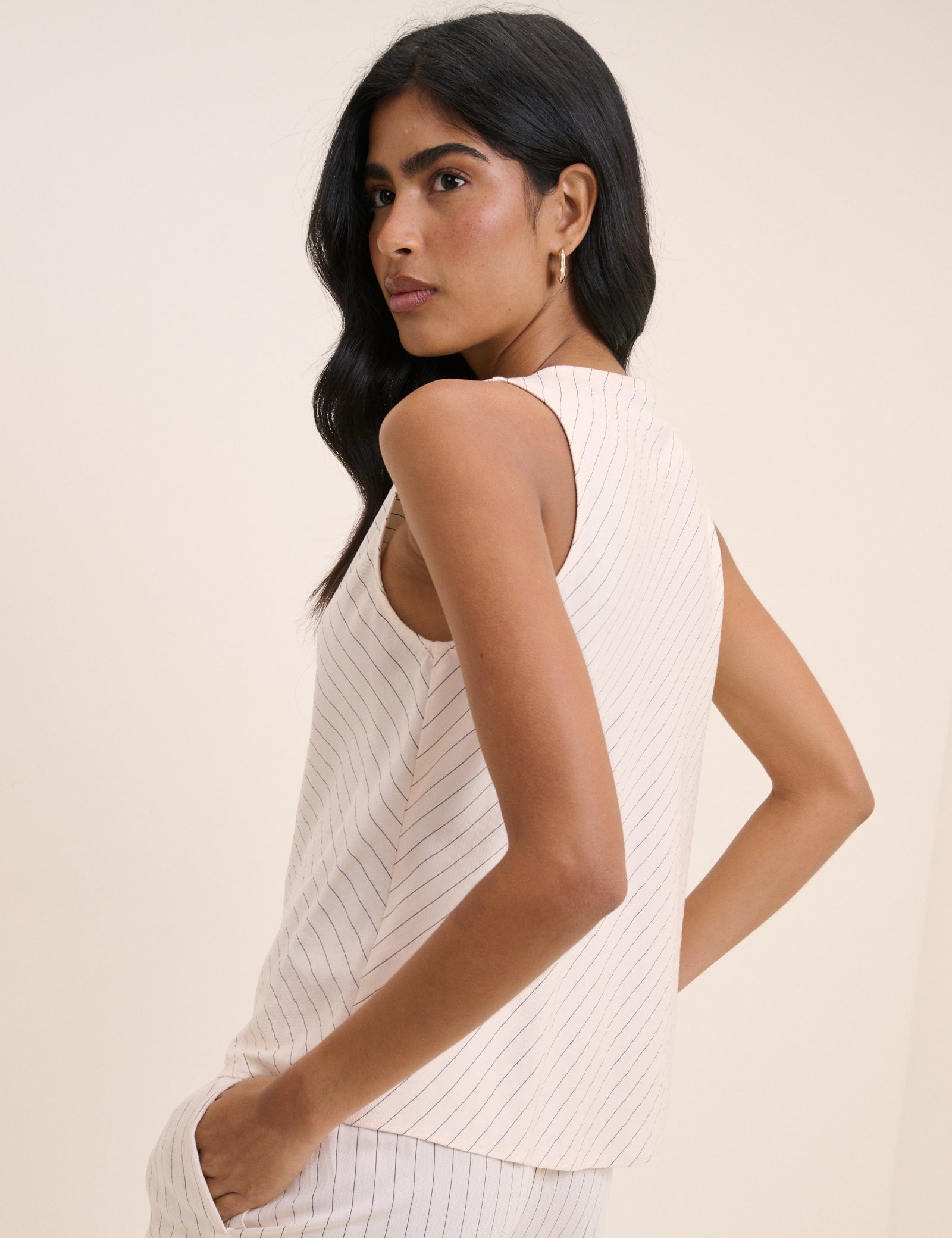 Cream Pinstripe Draped Sleeveless Top