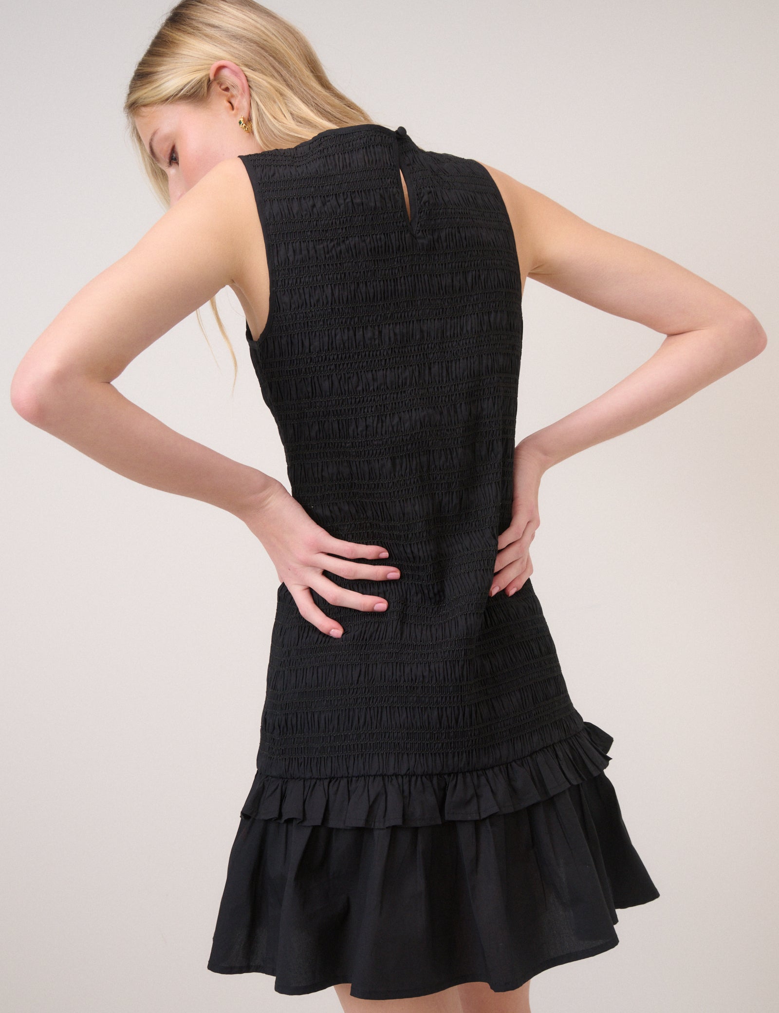 Black Shirred Henley Mini Dress