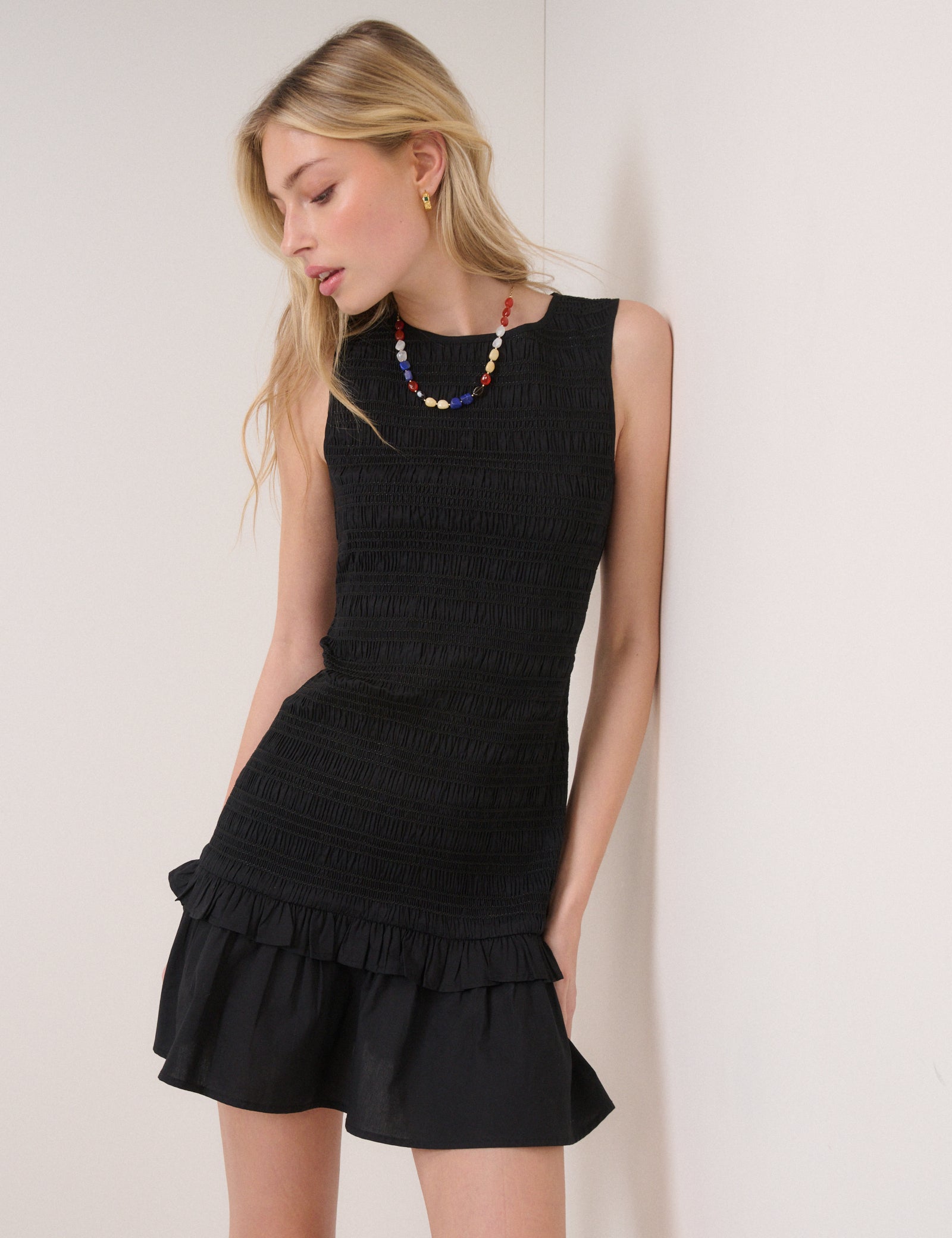 Black Shirred Henley Mini Dress Black Shirred Henley Mini Dress