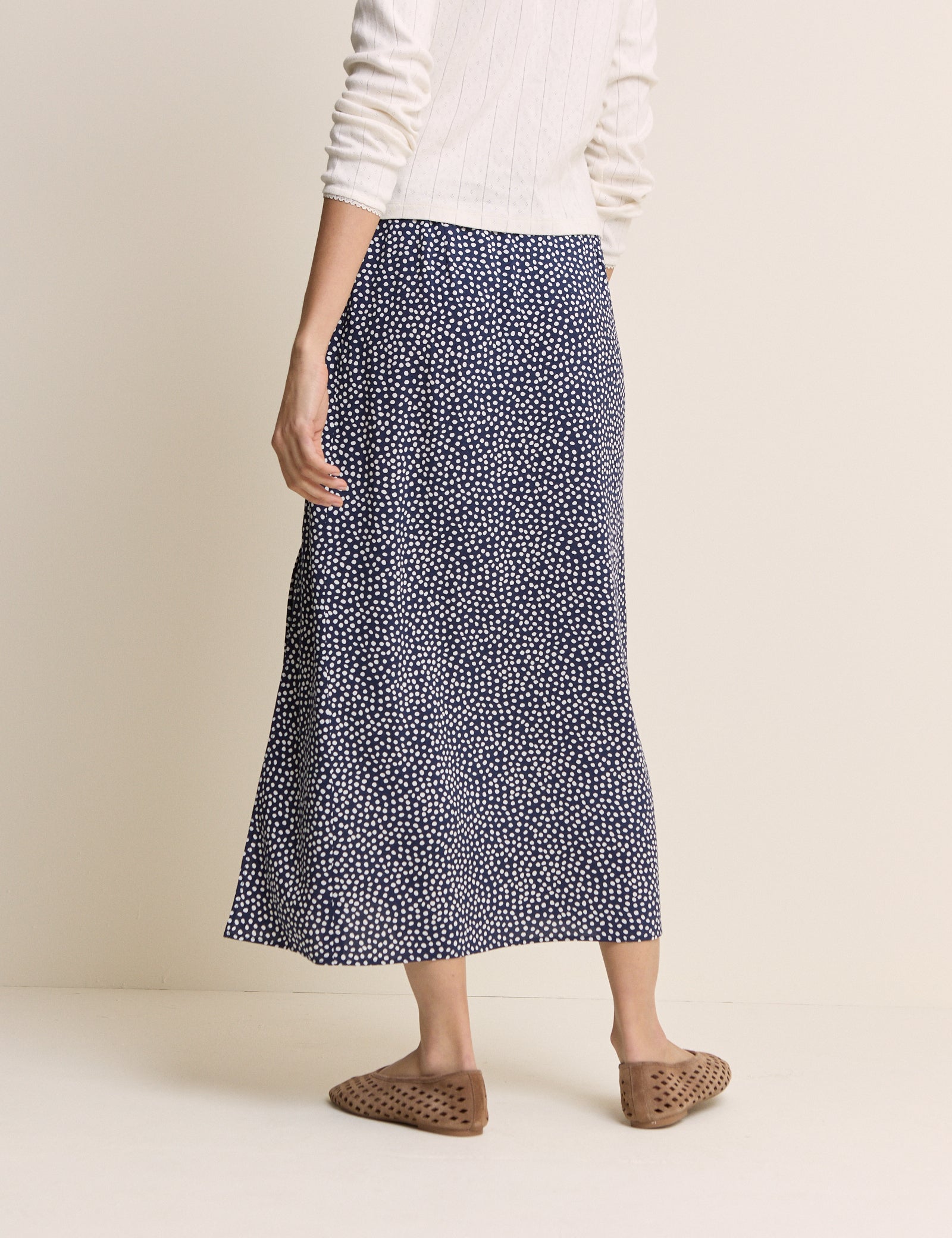 Navy Polka Dot Midi Skirt