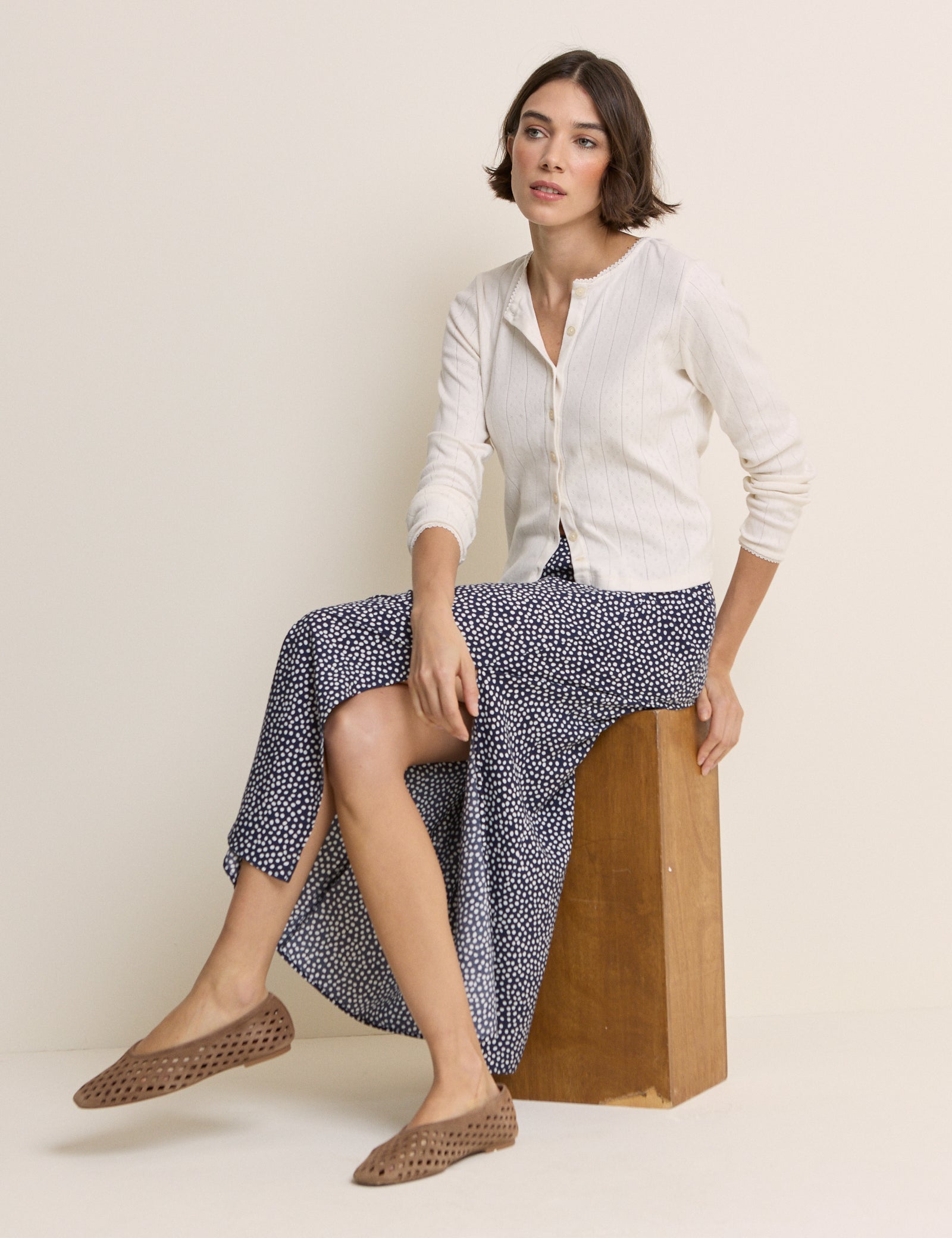 Navy Polka Dot Midi Skirt