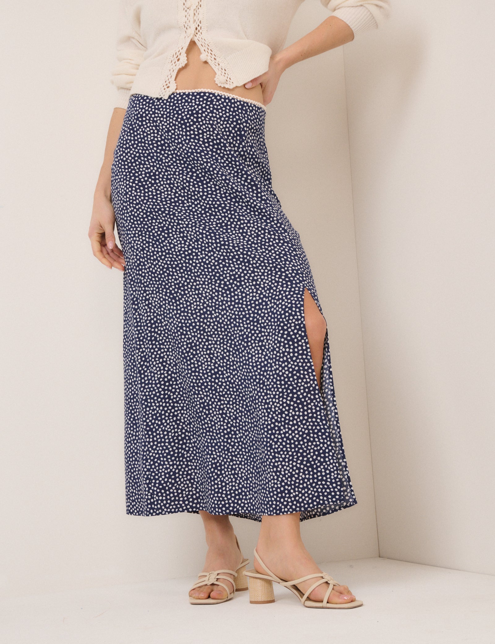 Navy Polka Dot Midi Skirt