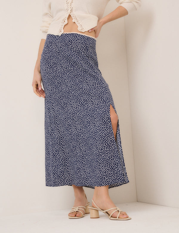 Navy Polka Dot Midi Skirt