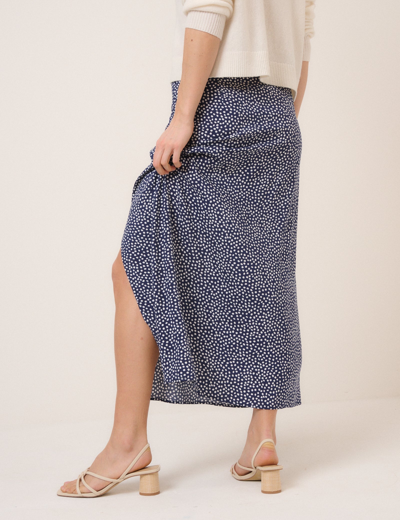 Navy Polka Dot Midi Skirt