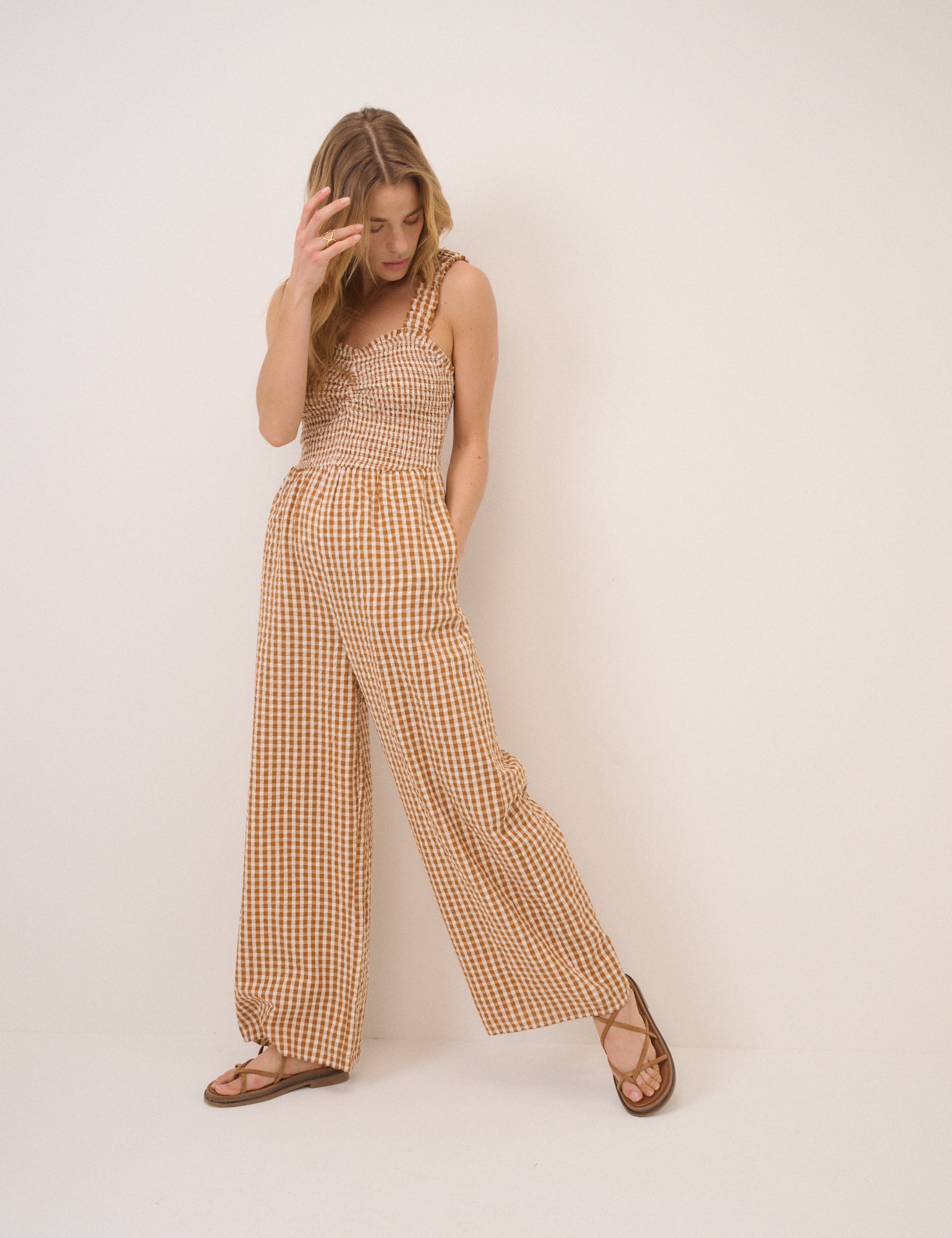 Orange Gingham Shirred Helena Jumpsuit