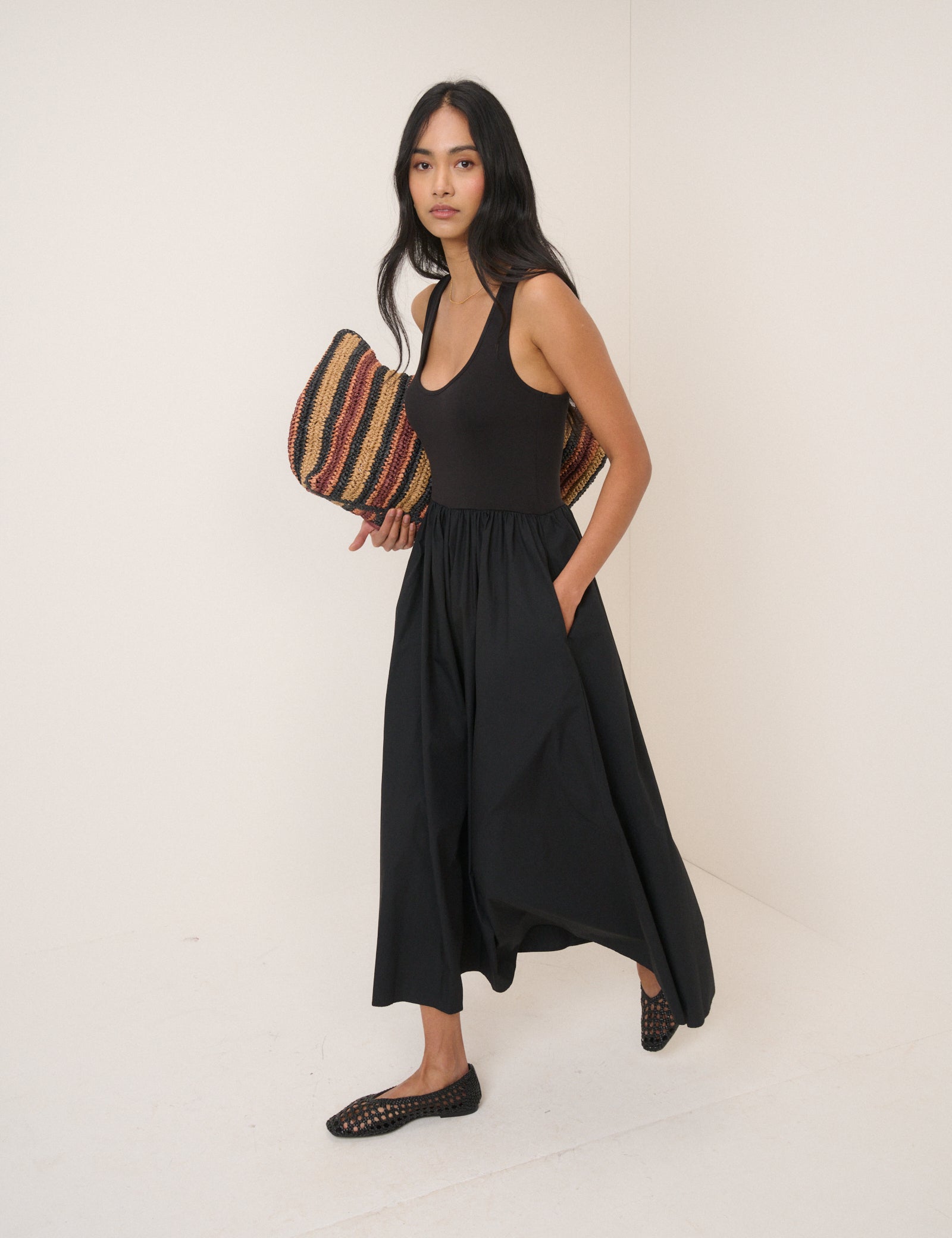 black racer back midi dress Eterne V Neck Racerback Midi Dress in Black