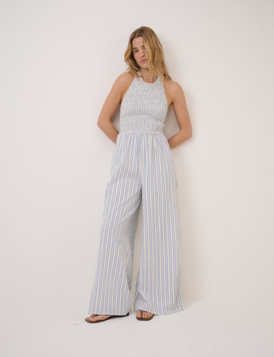 Blue Pinstripe Halterneck Tizzy Jumpsuit