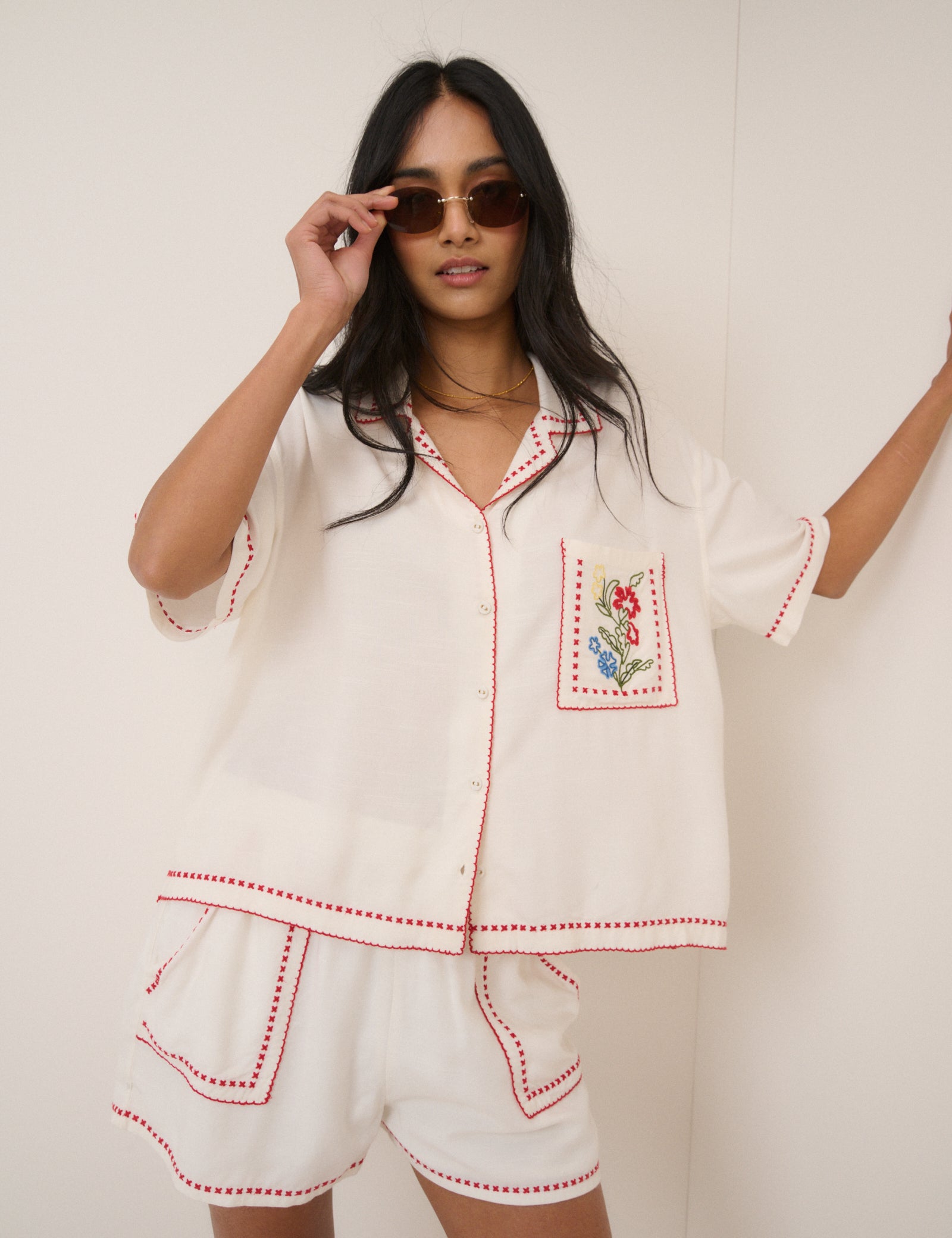 Cream Floral Embroidered Shirt