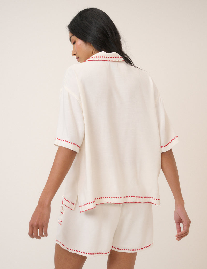 Cream Floral Embroidered Shirt
