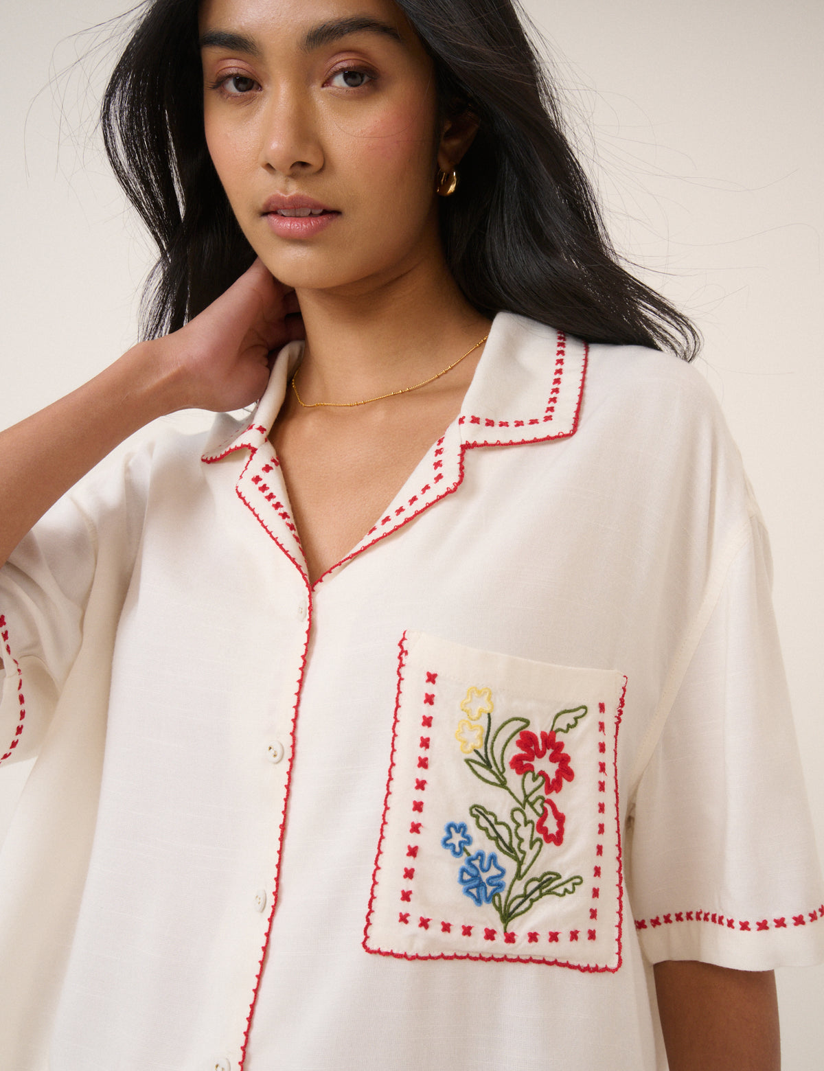 Cream Floral Embroidered Shirt