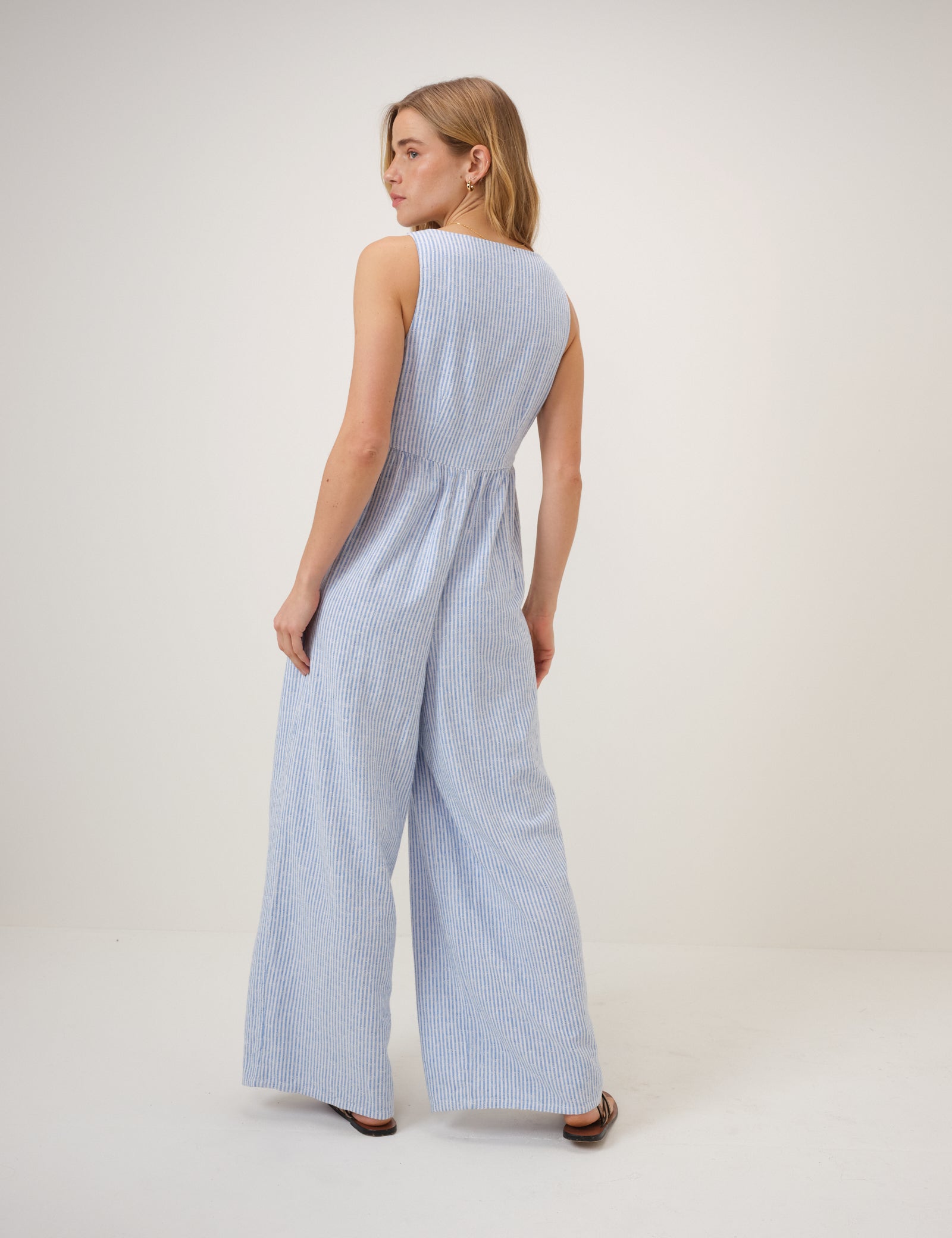 Blue Pinstripe Linen-blend Cora Jumpsuit