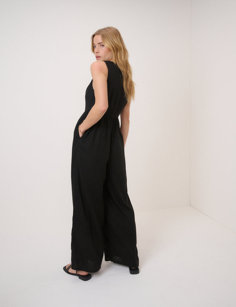 Black Linen-Blend Cora Jumpsuit