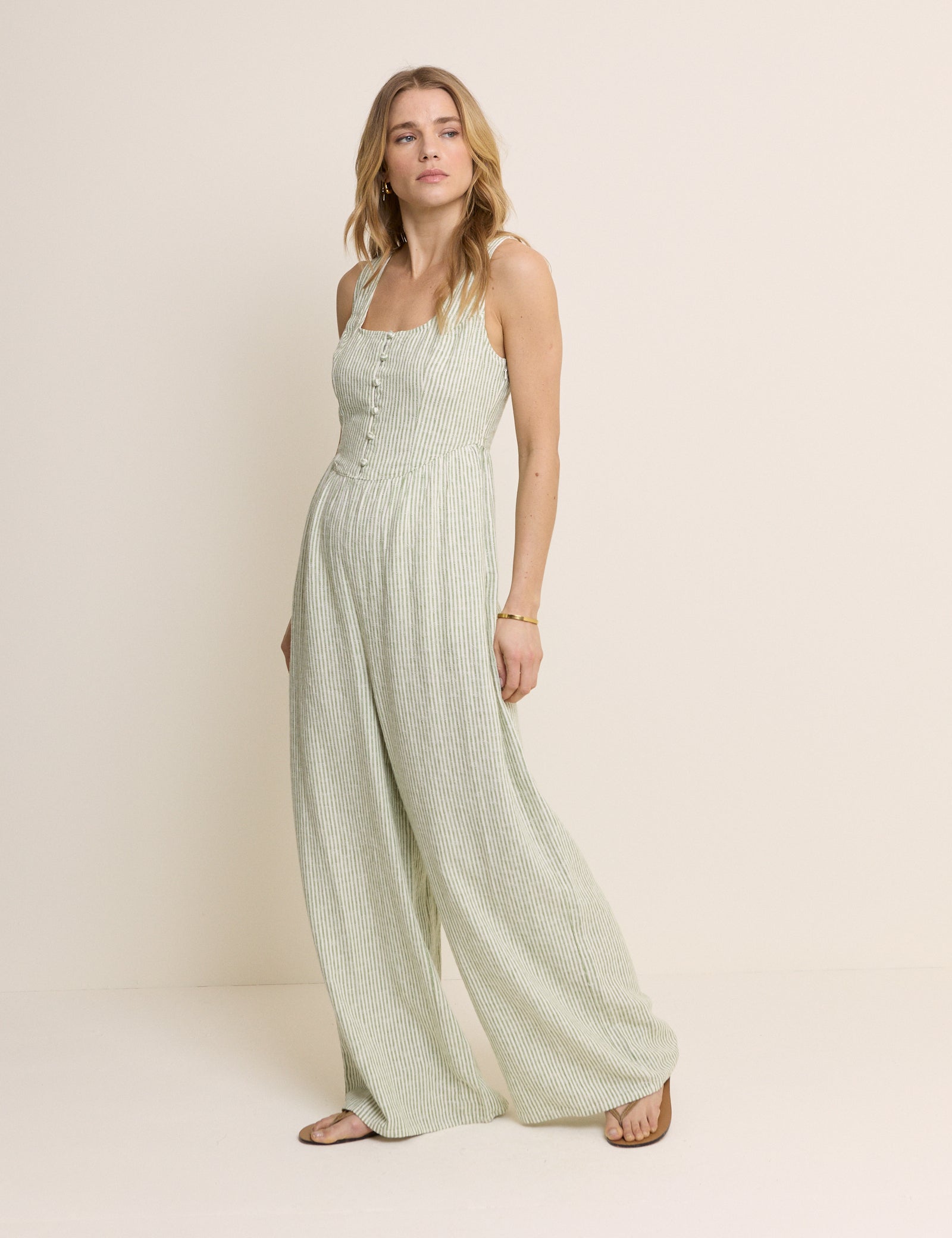 Green Pinstriped Linen-Blend Cora Jumpsuit Green Pinstriped Linen-Blend Cora Jumpsuit