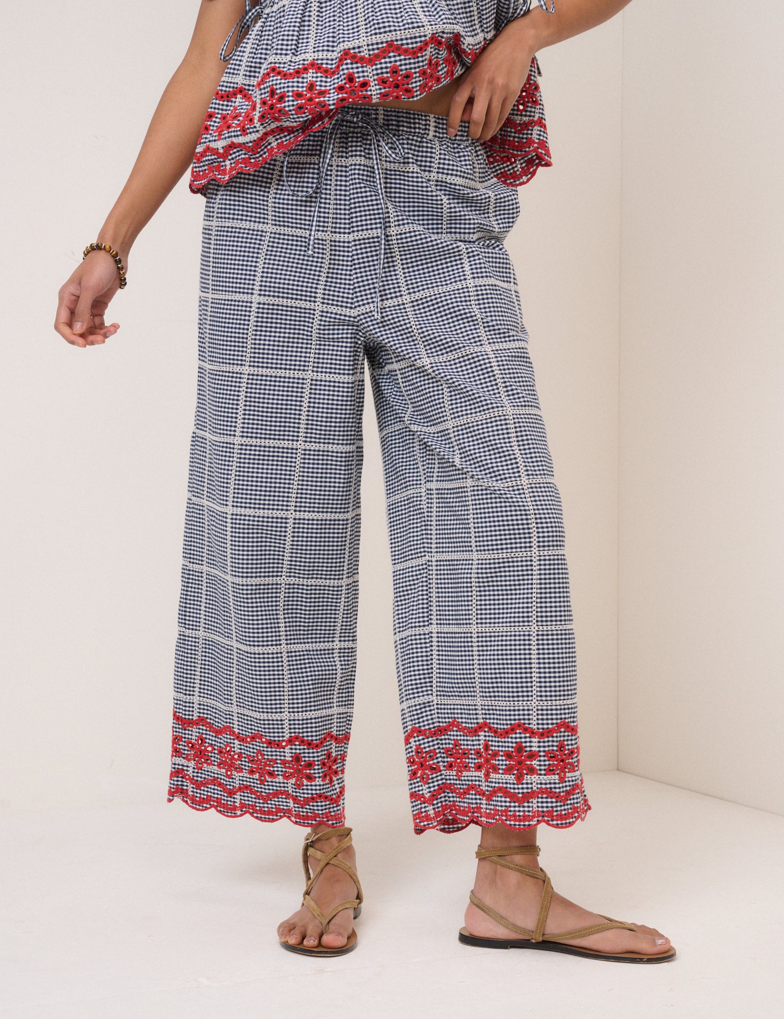 Black Gingham Embroidered Cropped Trousers