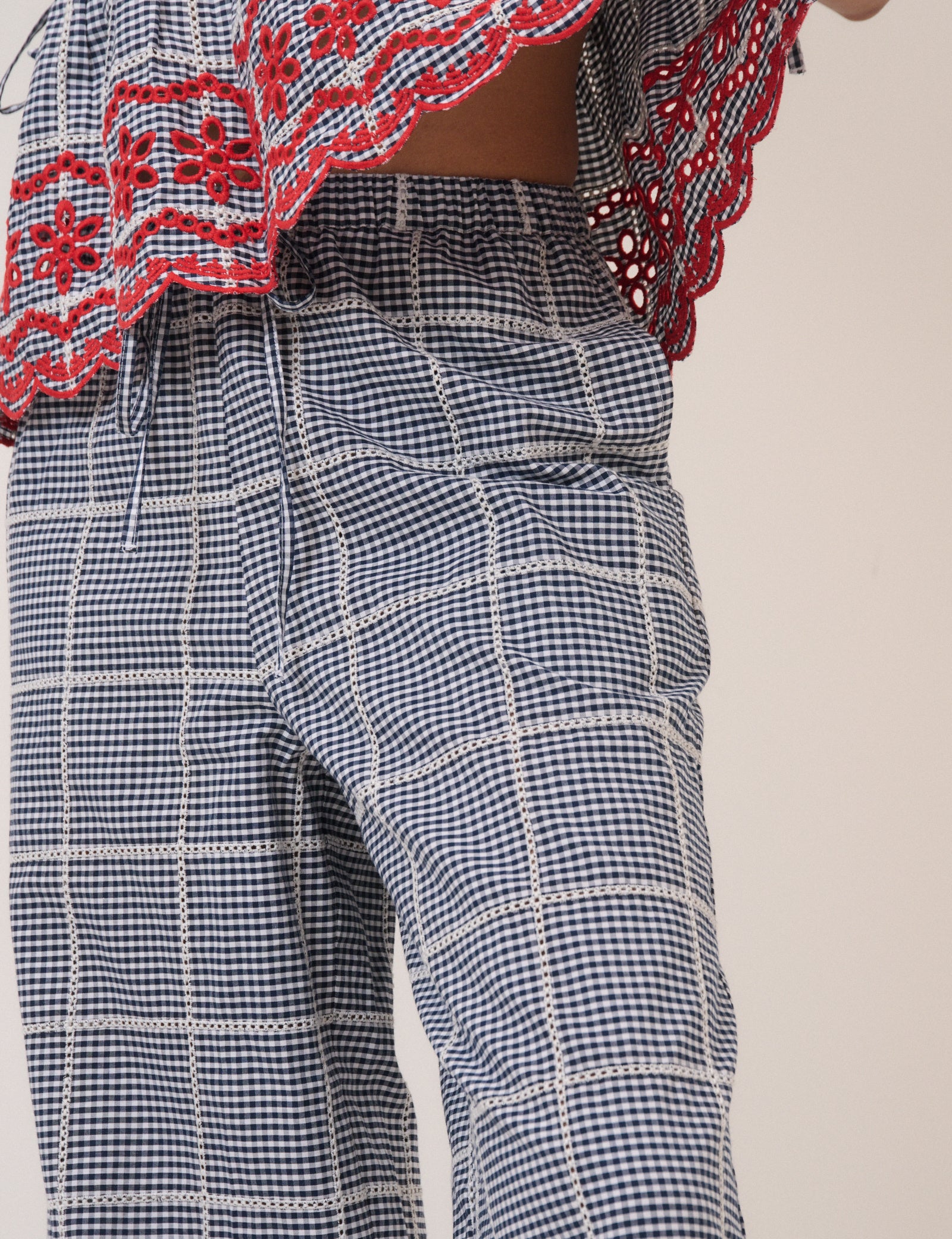 Black Gingham Embroidered Cropped Trousers