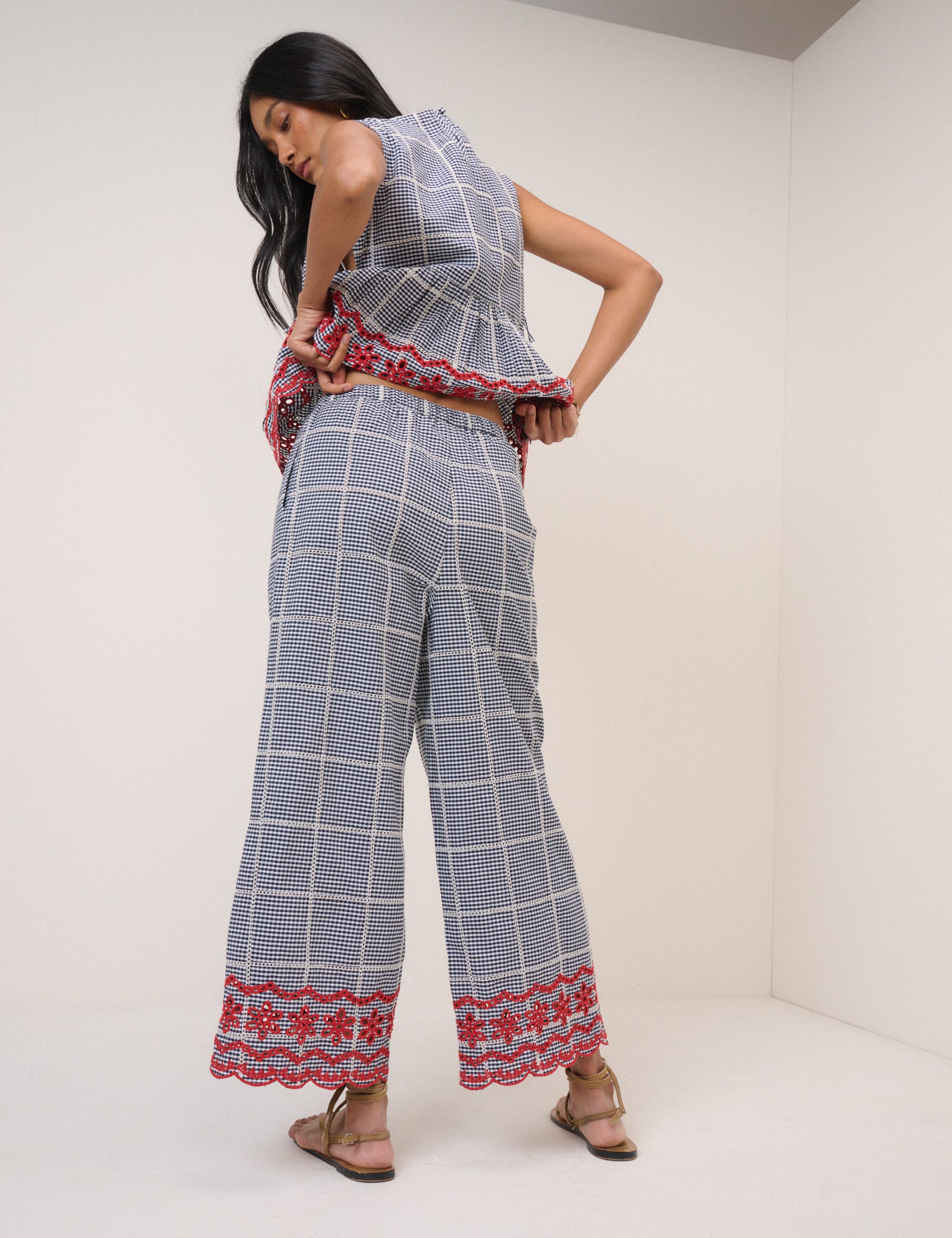 Black Gingham Embroidered Cropped Trousers