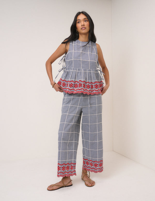 Black Gingham Embroidered Cropped Trousers
