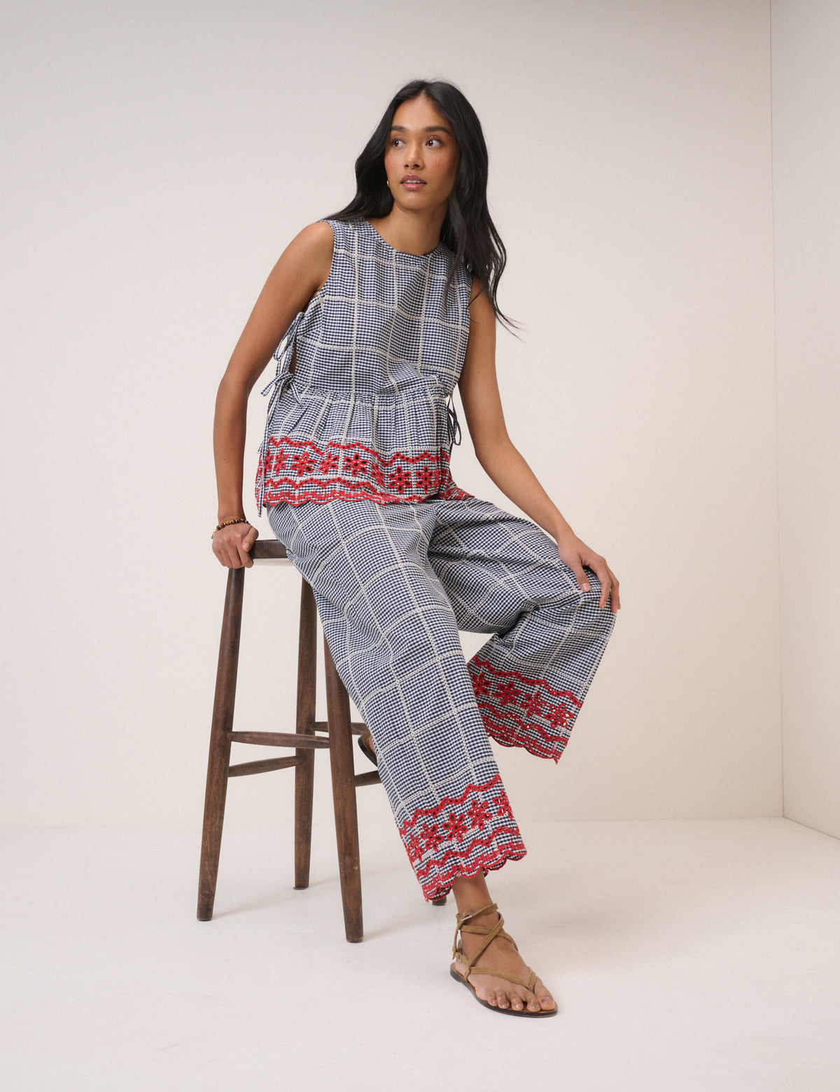 Black Gingham Embroidered Cropped Trousers