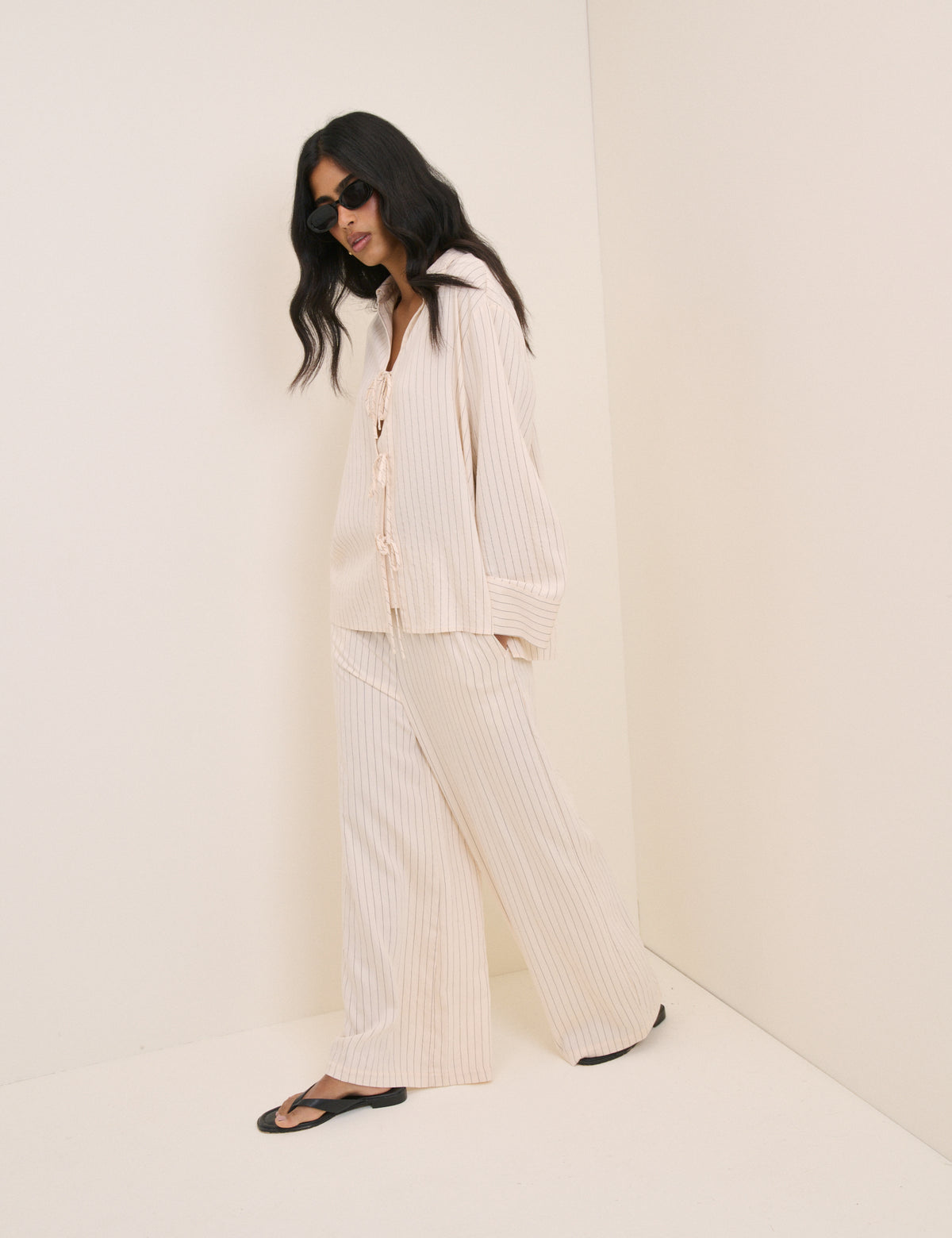 Cream Pinstripe Tie Front Shirt